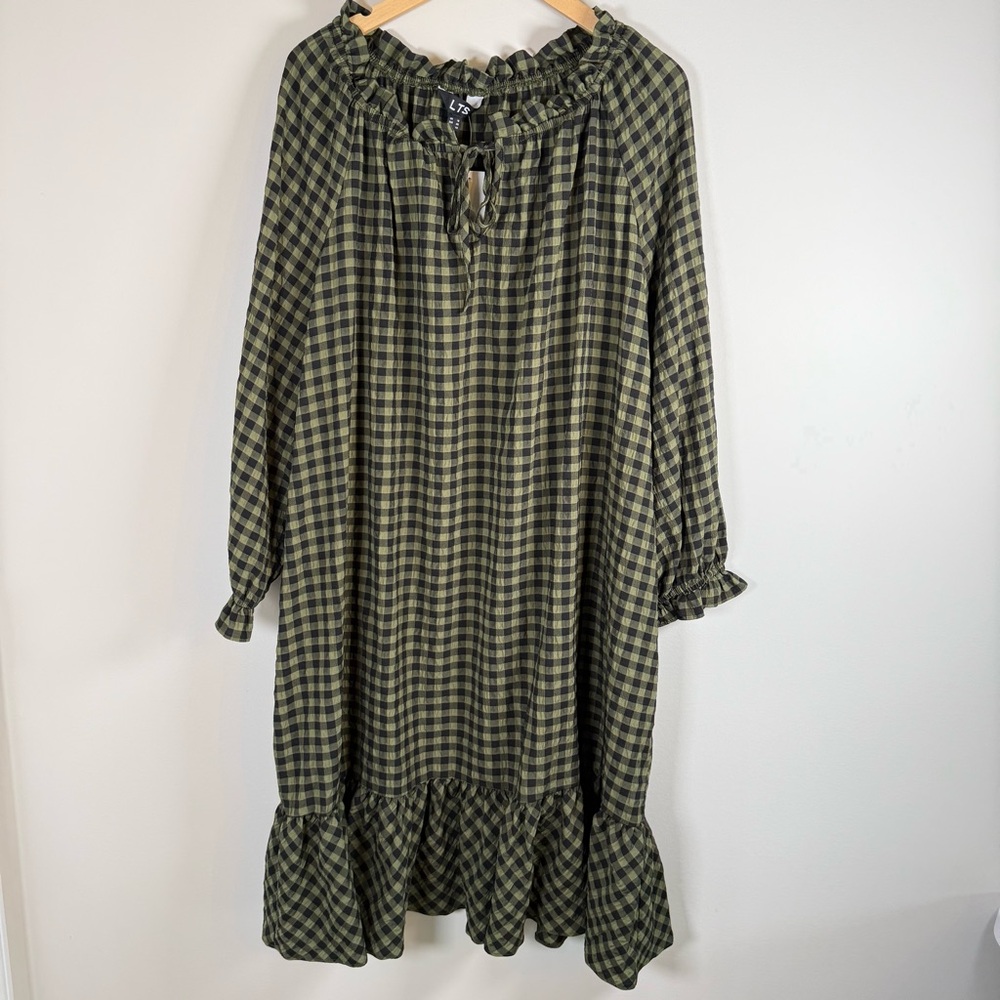 Long Tall Sally LTS Gingham Plaid Print Ruffle Peplum Trim Midi Dress‎ 14 NWT